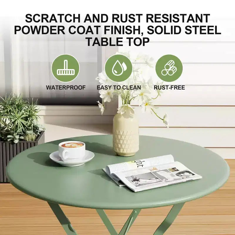 3-Piece Outdoor Bistro Set, Folding Patio Bistro Sets with 1 Table and 2 Chairs, Metal Frame Bistro Table and Chairs Set of 2 for Small Space, Indoor