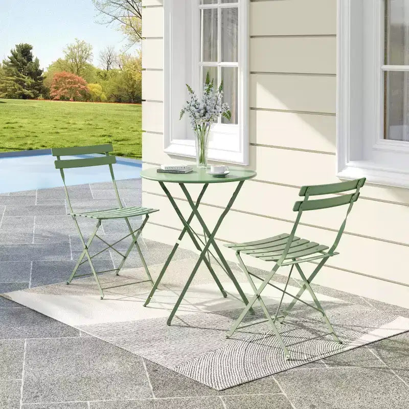 3-Piece Outdoor Bistro Set, Folding Patio Bistro Sets with 1 Table and 2 Chairs, Metal Frame Bistro Table and Chairs Set of 2 for Small Space, Indoor