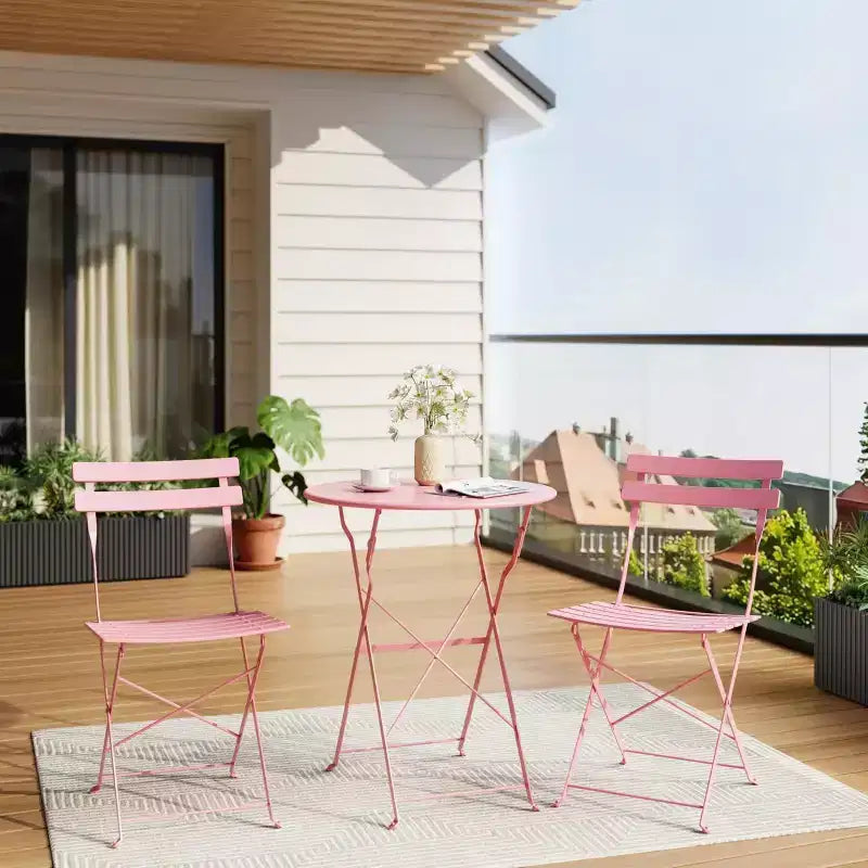3-Piece Outdoor Bistro Set, Folding Patio Bistro Sets with 1 Table and 2 Chairs, Metal Frame Bistro Table and Chairs Set of 2 for Small Space, Indoor
