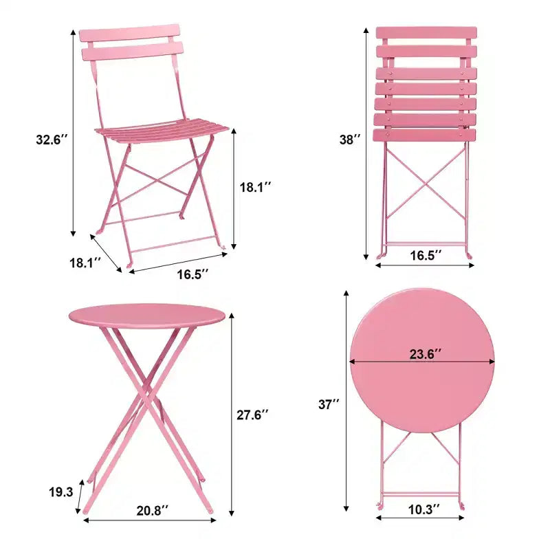 3-Piece Outdoor Bistro Set, Folding Patio Bistro Sets with 1 Table and 2 Chairs, Metal Frame Bistro Table and Chairs Set of 2 for Small Space, Indoor