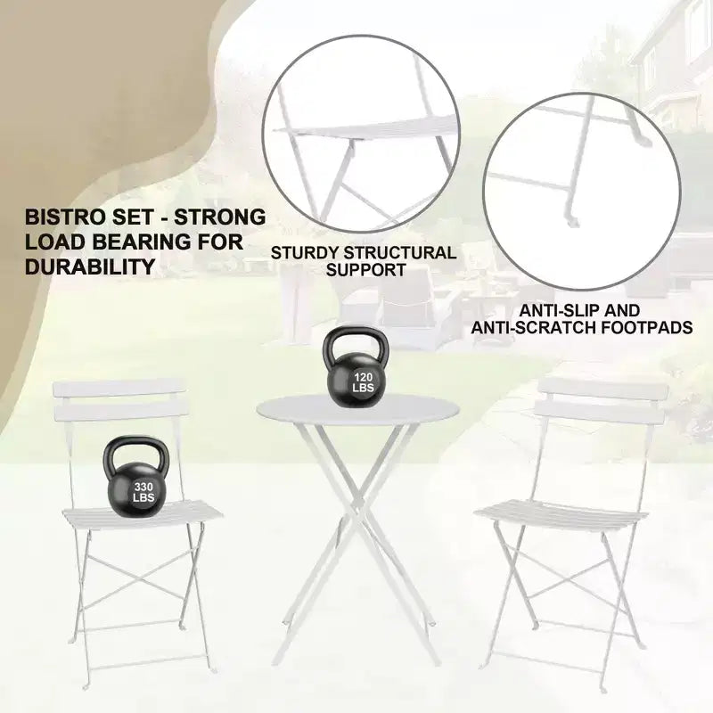 3-Piece Outdoor Bistro Set, Folding Patio Bistro Sets with 1 Table and 2 Chairs, Metal Frame Bistro Table and Chairs Set of 2 for Small Space, Indoor