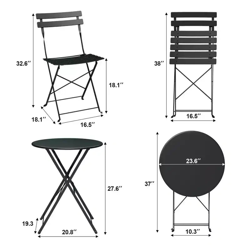 3-Piece Outdoor Bistro Set, Folding Patio Bistro Sets with 1 Table and 2 Chairs, Metal Frame Bistro Table and Chairs Set of 2 for Small Space, Indoor