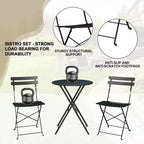 3-Piece Outdoor Bistro Set, Folding Patio Bistro Sets with 1 Table and 2 Chairs, Metal Frame Bistro Table and Chairs Set of 2 for Small Space, Indoor