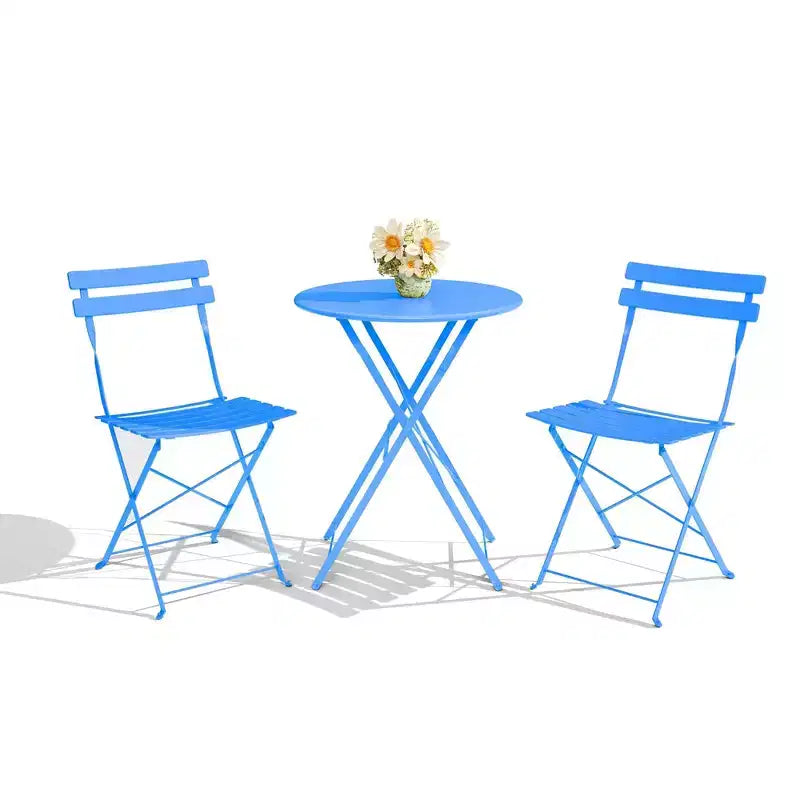 3-Piece Outdoor Bistro Set, Folding Patio Bistro Sets with 1 Table and 2 Chairs, Metal Frame Bistro Table and Chairs Set of 2 for Small Space, Indoor