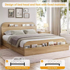 Queen Size Bed Frame, Wooden Beds with Storage Headboard and Raised-Foodboard, Twin-Floor Low Platform Bed for Bedroom,, No Box Spring Needed