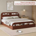 Queen Size Bed Frame, Wooden Beds with Storage Headboard and Raised-Foodboard, Twin-Floor Low Platform Bed for Bedroom,, No Box Spring Needed