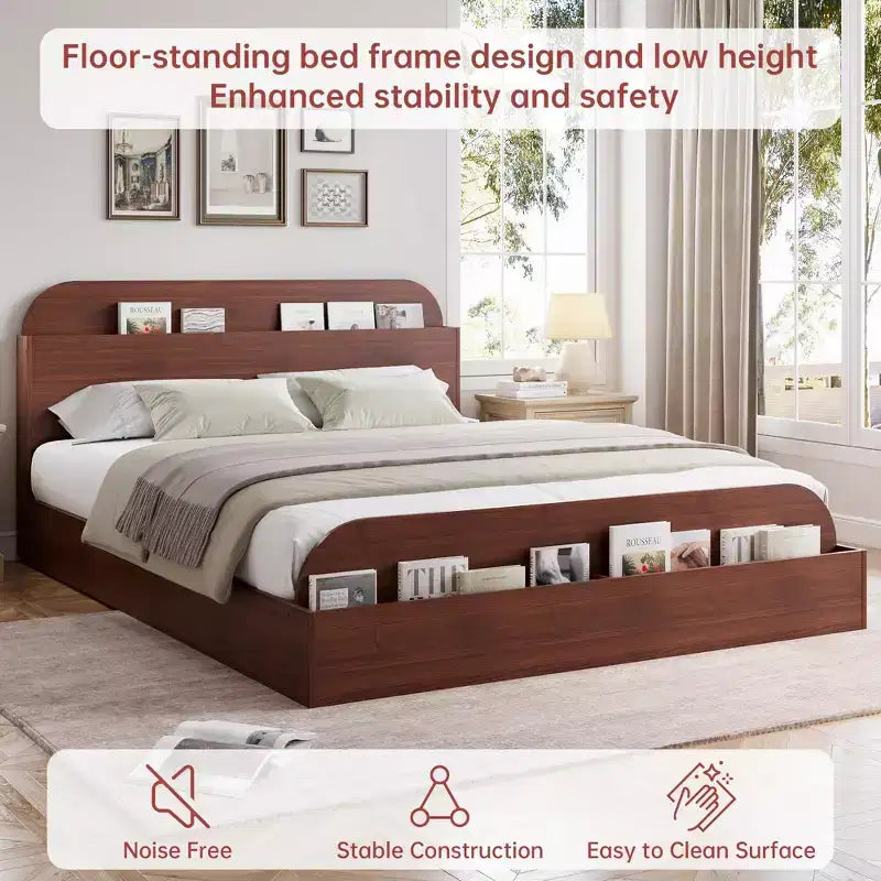 Queen Size Bed Frame, Wooden Beds with Storage Headboard and Raised-Foodboard, Twin-Floor Low Platform Bed for Bedroom,, No Box Spring Needed