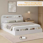 Queen Size Bed Frame, Wooden Beds with Storage Headboard and Raised-Foodboard, Twin-Floor Low Platform Bed for Bedroom,, No Box Spring Needed