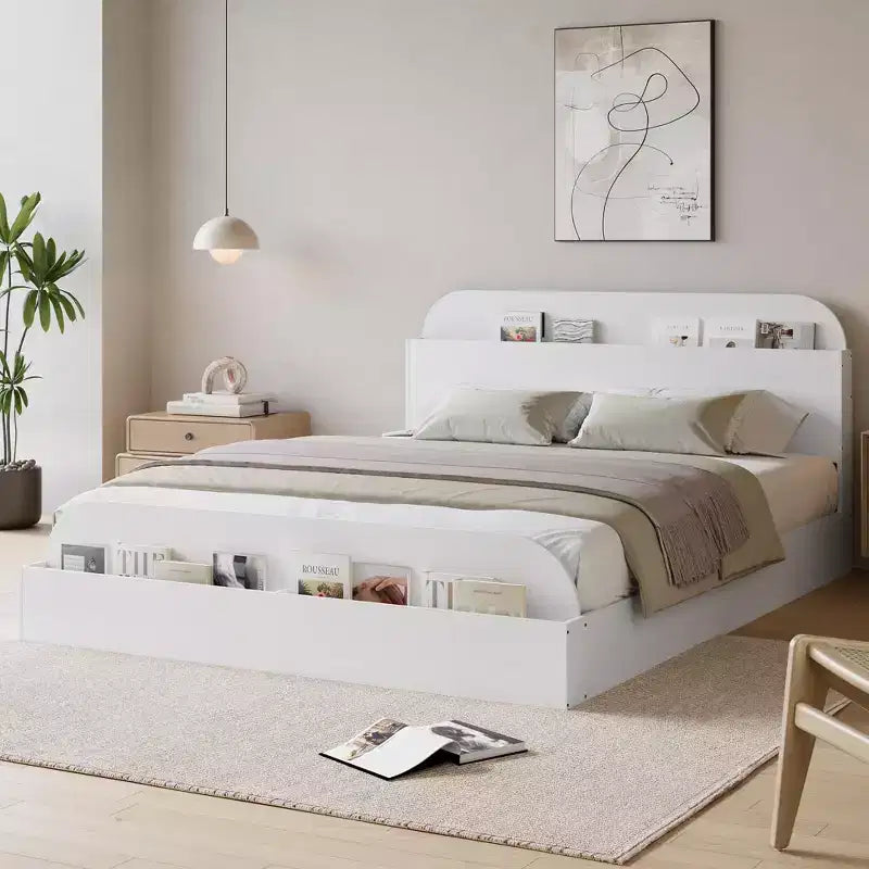 Queen Size Bed Frame, Wooden Beds with Storage Headboard and Raised-Foodboard, Twin-Floor Low Platform Bed for Bedroom,, No Box Spring Needed