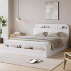 Queen Size Bed Frame, Wooden Beds with Storage Headboard and Raised-Foodboard, Twin-Floor Low Platform Bed for Bedroom,, No Box Spring Needed