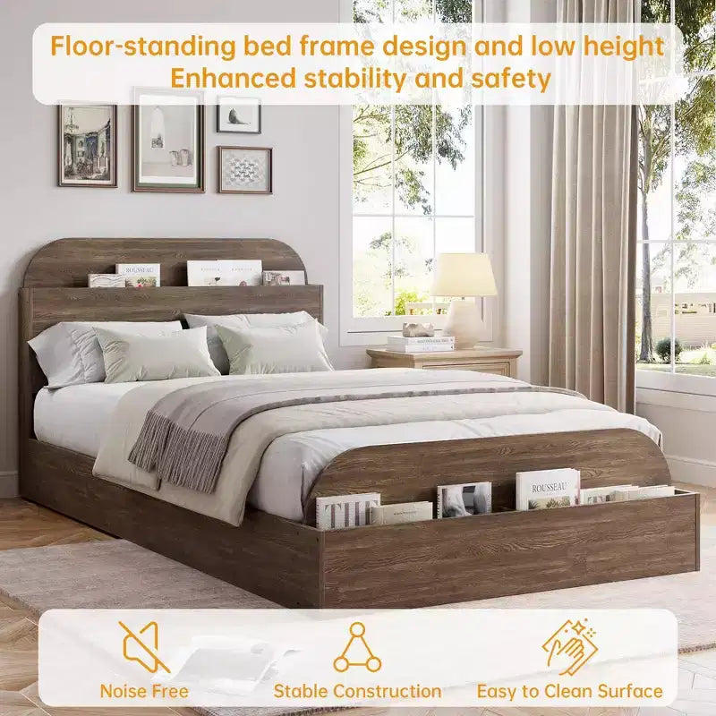 Queen Size Bed Frame, Wooden Beds with Storage Headboard and Raised-Foodboard, Twin-Floor Low Platform Bed for Bedroom,, No Box Spring Needed