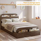 Queen Size Bed Frame, Wooden Beds with Storage Headboard and Raised-Foodboard, Twin-Floor Low Platform Bed for Bedroom,, No Box Spring Needed