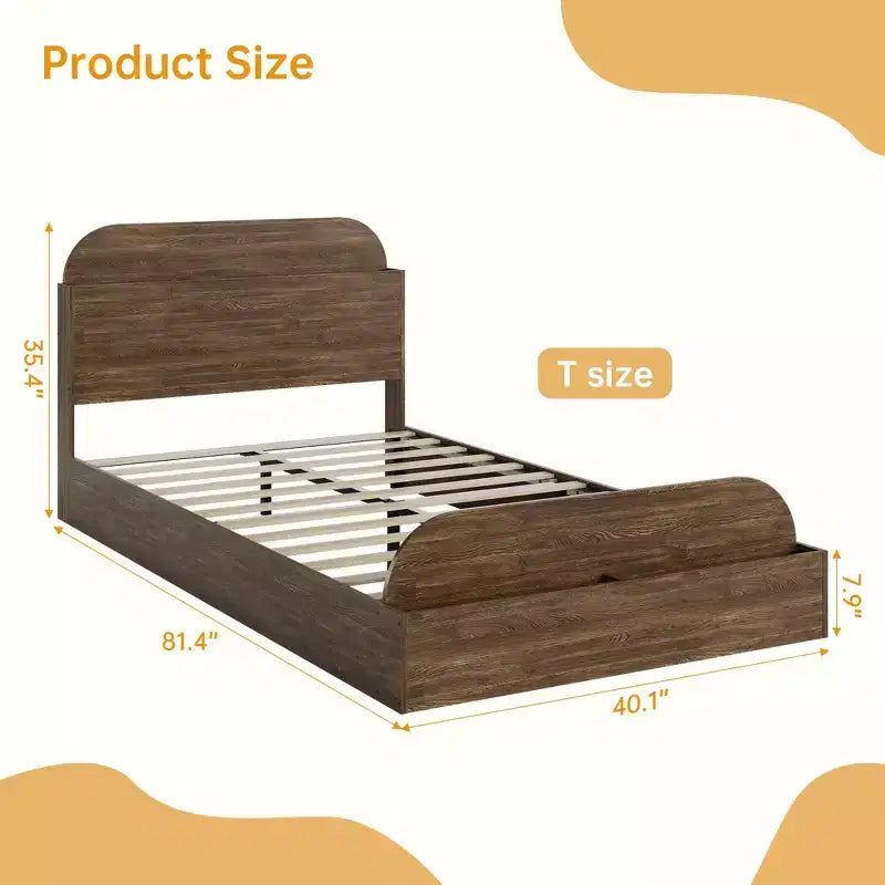 Queen Size Bed Frame, Wooden Beds with Storage Headboard and Raised-Foodboard, Twin-Floor Low Platform Bed for Bedroom,, No Box Spring Needed