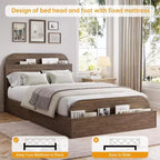 Queen Size Bed Frame, Wooden Beds with Storage Headboard and Raised-Foodboard, Twin-Floor Low Platform Bed for Bedroom,, No Box Spring Needed