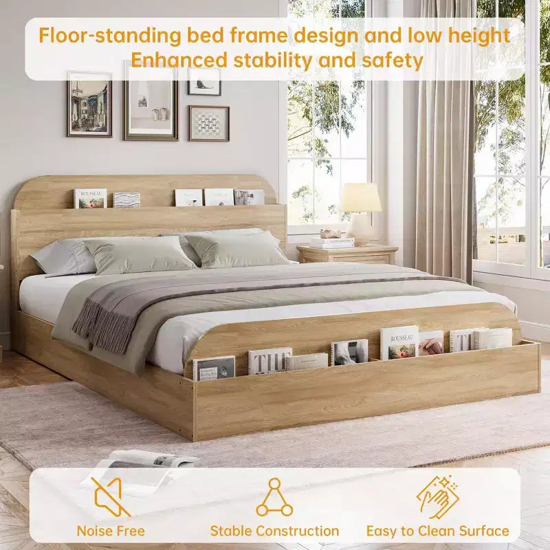 Queen Size Bed Frame, Wooden Beds with Storage Headboard and Raised-Foodboard, Twin-Floor Low Platform Bed for Bedroom,, No Box Spring Needed