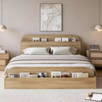 Queen Size Bed Frame, Wooden Beds with Storage Headboard and Raised-Foodboard, Twin-Floor Low Platform Bed for Bedroom,, No Box Spring Needed
