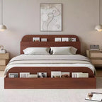 Queen Size Bed Frame, Wooden Beds with Storage Headboard and Raised-Foodboard, Twin-Floor Low Platform Bed for Bedroom,, No Box Spring Needed