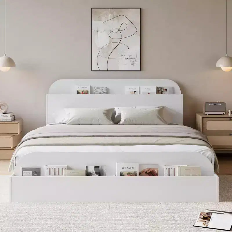Queen Size Bed Frame, Wooden Beds with Storage Headboard and Raised-Foodboard, Twin-Floor Low Platform Bed for Bedroom,, No Box Spring Needed