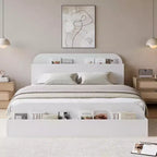 Queen Size Bed Frame, Wooden Beds with Storage Headboard and Raised-Foodboard, Twin-Floor Low Platform Bed for Bedroom,, No Box Spring Needed