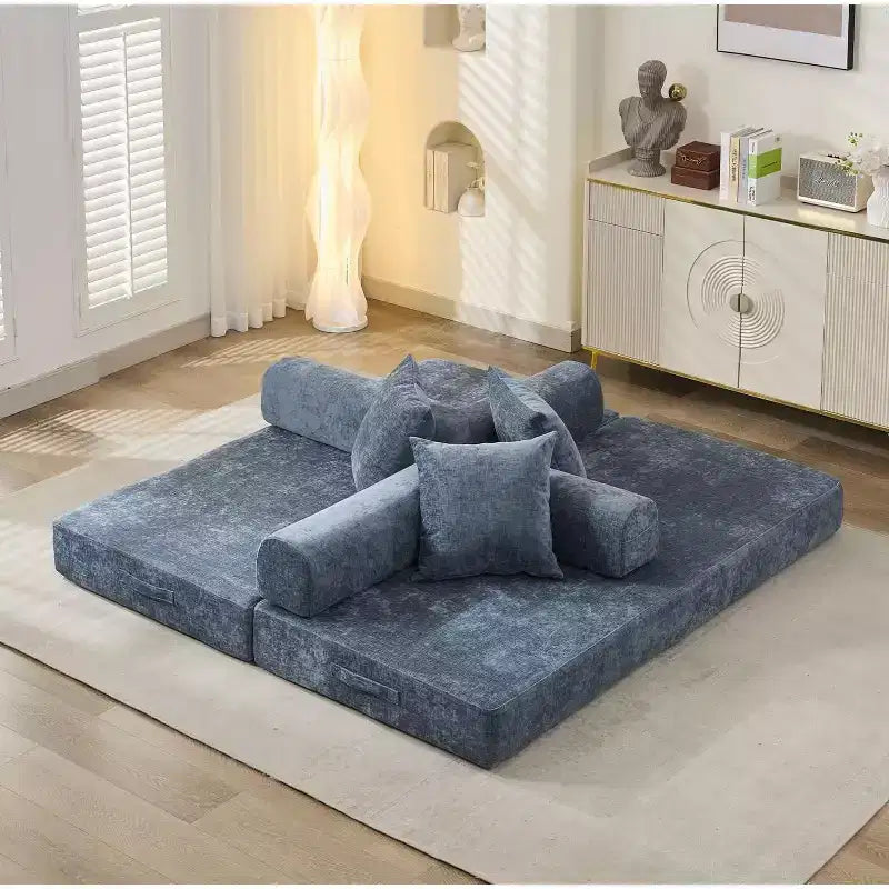 MooxvMoo 4-in-1 Convertible Sofa Bed, Floor Foldable Couch Bed with Armrests & Pillow, No Assembly Required, Comfy Memory Foam Couch, Blue