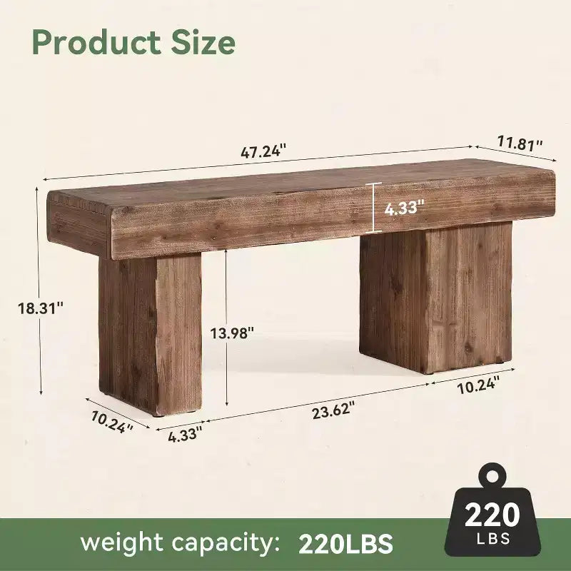 Banc en bois massif Lantine de 47 pouces, banc d'entrée de style ferme avec assise épaissie pour chambre à coucher, couloir, salon, porche, finition naturelle