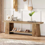 Lantine 2-Tier Entryway Bench, 59-inch Shoe Bench with Storage Shelves, Wood End of Bed Bench for Entryway, Bedroom, Living Room