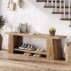 Lantine 2-Tier Entryway Bench, 59-inch Shoe Bench with Storage Shelves, Wood End of Bed Bench for Entryway, Bedroom, Living Room