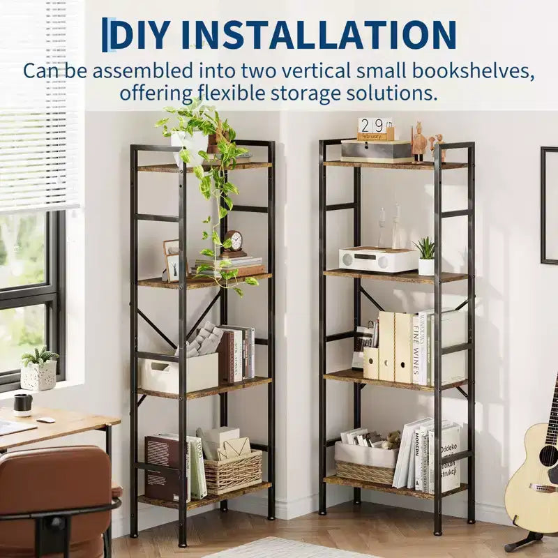 5-Tier Rustic Wooden Bookshelf C A-Black + Retro Finish C Wide Display Shelf for Bedroom/Living Room/Office (1-Pack)