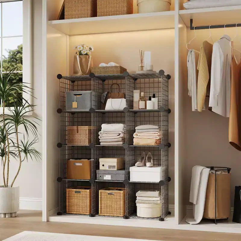 Wire Cube Storage 12-Cube Modular Closet Organizer Shelf Unit for Bedroom Office, Gray