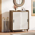 Lantine Wood Shoe Cabinet with Sliding Doors, Modern Shoe Organizer with Adjustable Shelves for Entryway, Living Room, Hallway, Brown & White