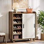 Meuble à chaussures Lantine en bois avec portes coulissantes, organisateur de chaussures moderne avec étagères réglables pour entrée, salon, couloir, marron et blanc