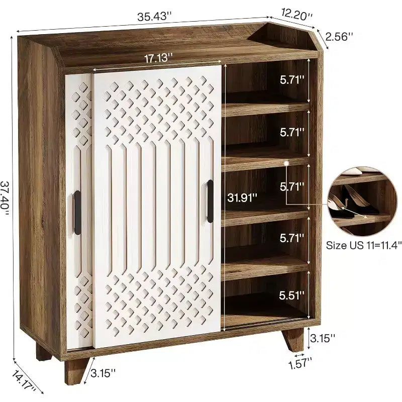 Meuble à chaussures Lantine en bois avec portes coulissantes, organisateur de chaussures moderne avec étagères réglables pour entrée, salon, couloir, marron et blanc