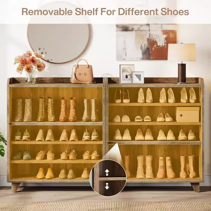 Meuble à chaussures Lantine en bois avec portes coulissantes, organisateur de chaussures moderne avec étagères réglables pour entrée, salon, couloir, marron et blanc