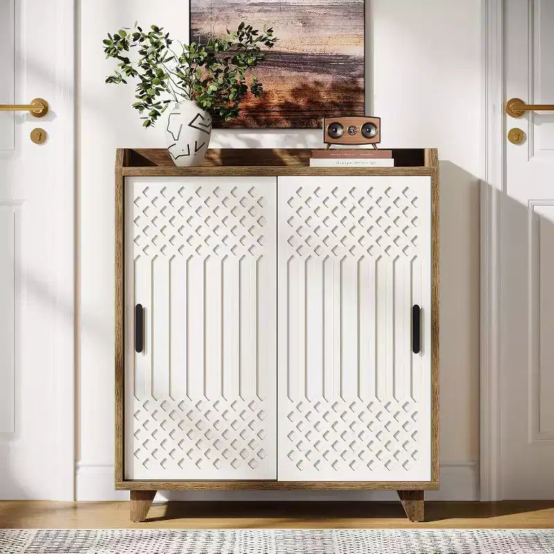 Meuble à chaussures Lantine en bois avec portes coulissantes, organisateur de chaussures moderne avec étagères réglables pour entrée, salon, couloir, marron et blanc