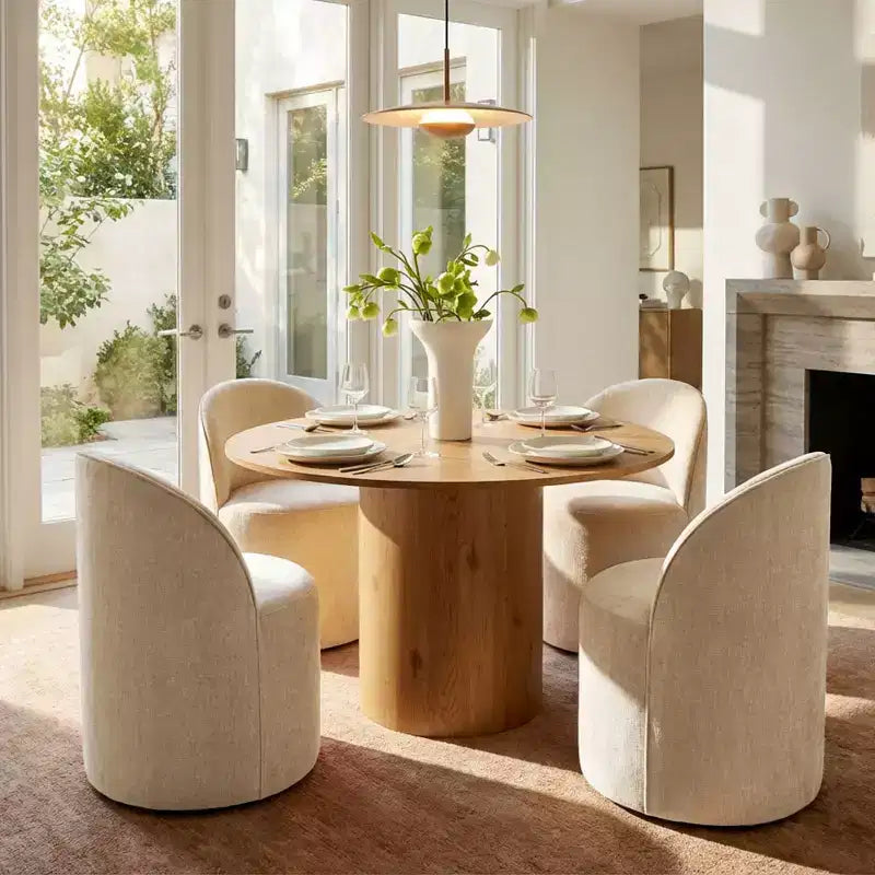 Dining Table Set for 4, Modern Barrel Chair with Wheels and Chenille Upholstery, Round Pedestal Table for Small-Dining Areas-Panipeachy