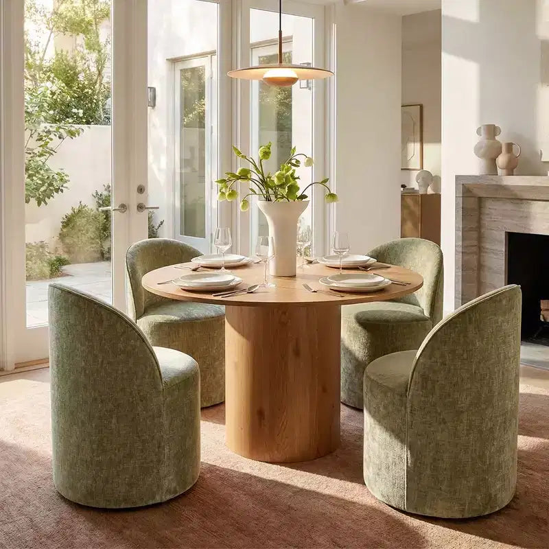 Dining Table Set for 4, Modern Barrel Chair with Wheels and Chenille Upholstery, Round Pedestal Table for Small-Dining Areas-Panipeachy