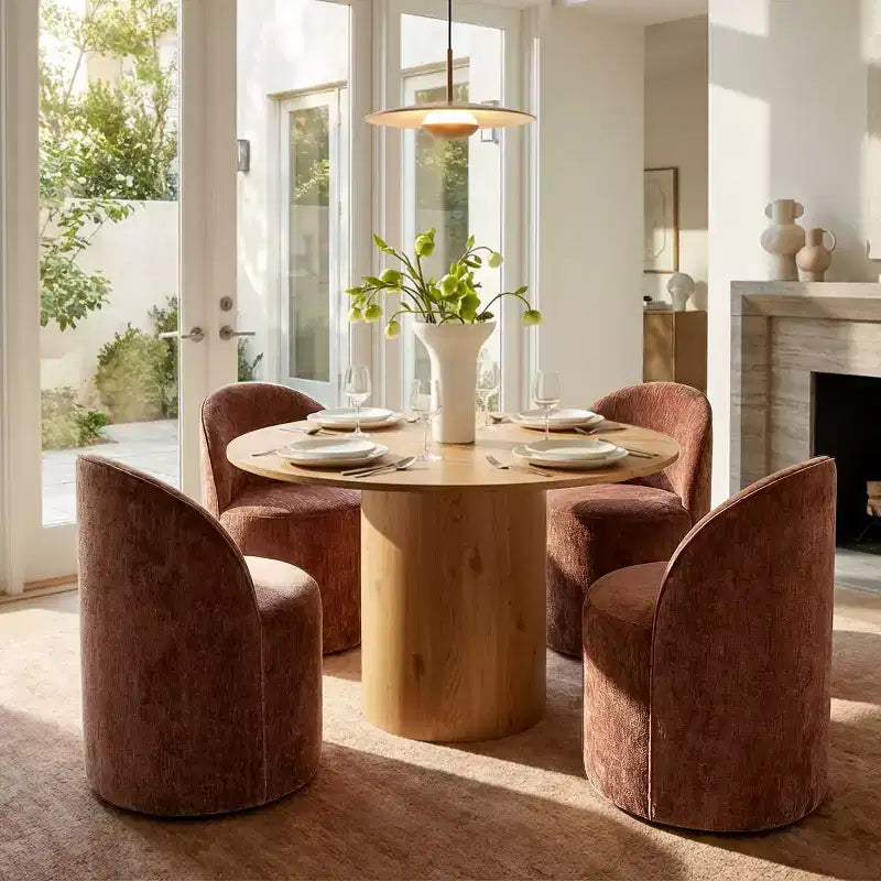 Dining Table Set for 4, Modern Barrel Chair with Wheels and Chenille Upholstery, Round Pedestal Table for Small-Dining Areas-Panipeachy