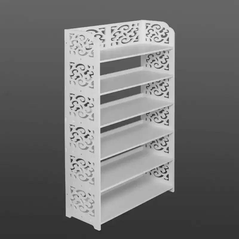 Wood-plastic Board Six Tiers Carved Shoe Rack White B