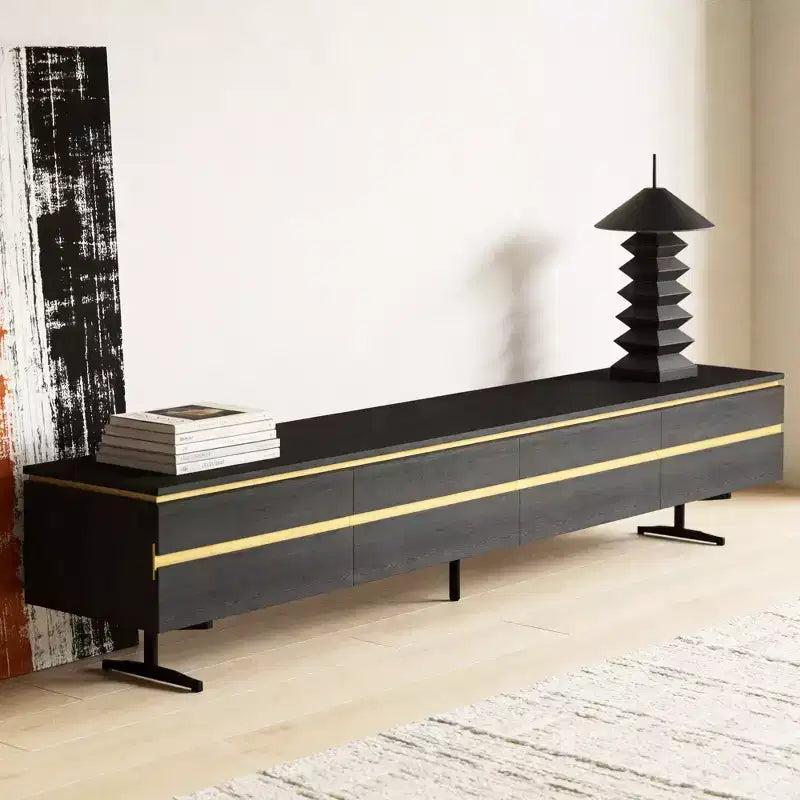 86,61 Meuble TV noir moderne pour téléviseur de 90 pouces, console multimédia avec 2 tiroirs, accents dorés, meuble de divertissement Gaoyangjiaju
