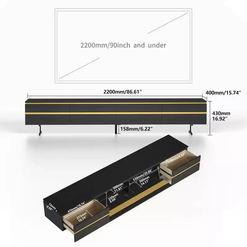 86,61 Meuble TV noir moderne pour téléviseur de 90 pouces, console multimédia avec 2 tiroirs, accents dorés, meuble de divertissement Gaoyangjiaju