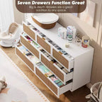 Rattan 7 Drawer Dressers for Bedroom, Tall Dresser with Deep Drawers, Large Chest of Drawers for Closet with Wide Top, Wooden Dresser for Living Room