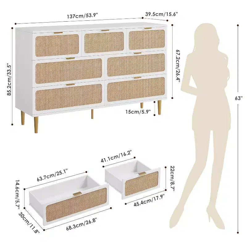 Rattan 7 Drawer Dressers for Bedroom, Tall Dresser with Deep Drawers, Large Chest of Drawers for Closet with Wide Top, Wooden Dresser for Living Room