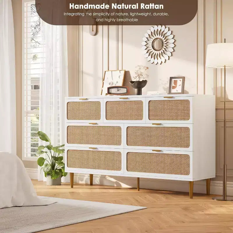 Rattan 7 Drawer Dressers for Bedroom, Tall Dresser with Deep Drawers, Large Chest of Drawers for Closet with Wide Top, Wooden Dresser for Living Room