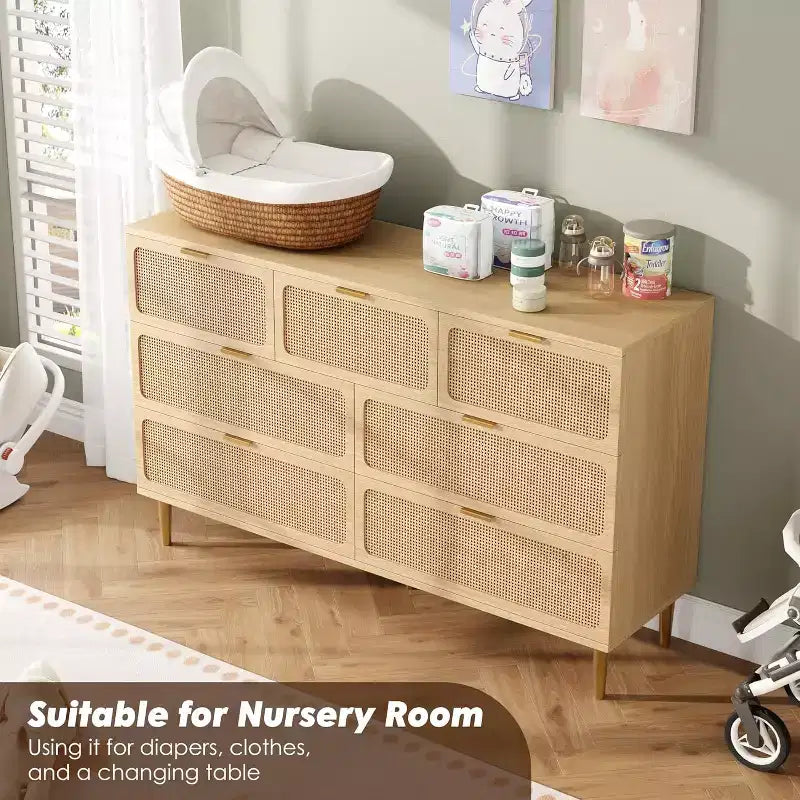 Rattan 7 Drawer Dressers for Bedroom, Tall Dresser with Deep Drawers, Large Chest of Drawers for Closet with Wide Top, Wooden Dresser for Living Room