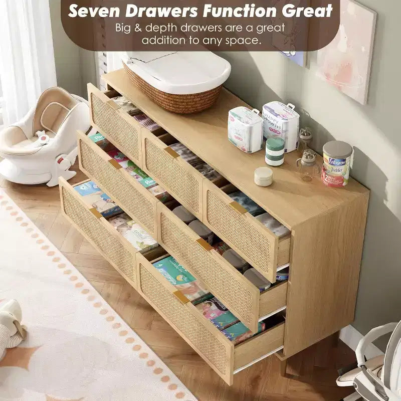 Rattan 7 Drawer Dressers for Bedroom, Tall Dresser with Deep Drawers, Large Chest of Drawers for Closet with Wide Top, Wooden Dresser for Living Room