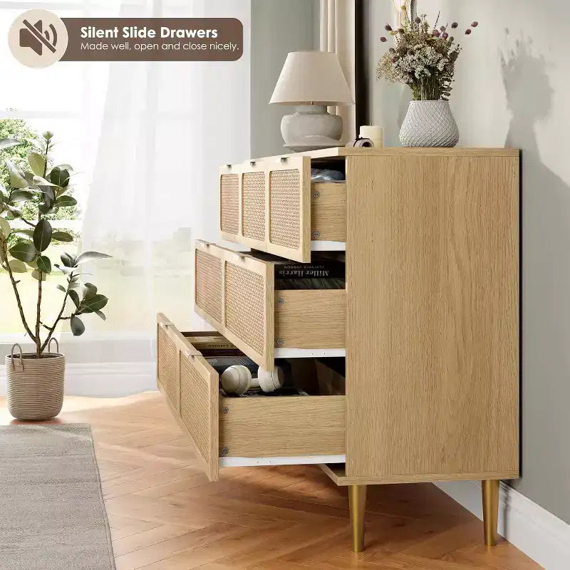 Rattan 7 Drawer Dressers for Bedroom, Tall Dresser with Deep Drawers, Large Chest of Drawers for Closet with Wide Top, Wooden Dresser for Living Room