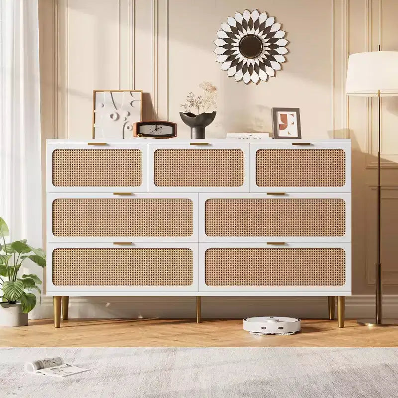 Rattan 7 Drawer Dressers for Bedroom, Tall Dresser with Deep Drawers, Large Chest of Drawers for Closet with Wide Top, Wooden Dresser for Living Room