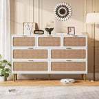 Rattan 7 Drawer Dressers for Bedroom, Tall Dresser with Deep Drawers, Large Chest of Drawers for Closet with Wide Top, Wooden Dresser for Living Room