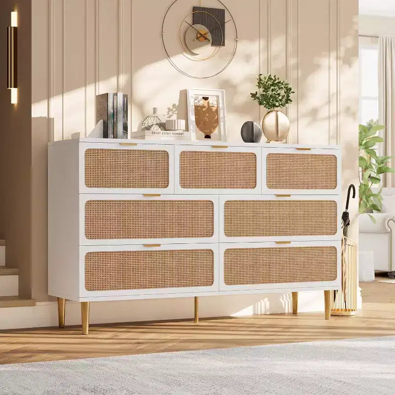 Rattan 7 Drawer Dressers for Bedroom, Tall Dresser with Deep Drawers, Large Chest of Drawers for Closet with Wide Top, Wooden Dresser for Living Room
