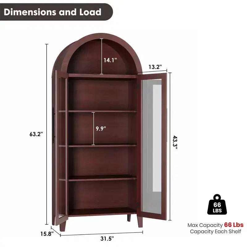 63.2Armoire de cuisine cintrée - Étagère de présentation de ferme à 5 niveaux avec étagère réglable et 2 grandes portes vitrées, pour salle à manger, salon